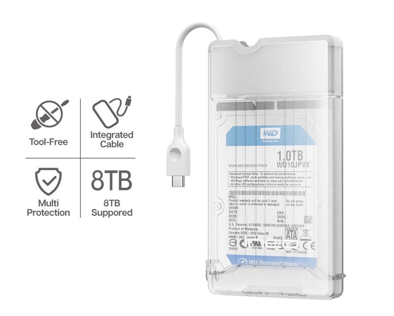 ineo 2.5 inch USB 3.0 Tool-Less External Hard Drive Enclosure for 9.5mm & 7mm SATA HDD SSD with UASP Supported - [T2573] (USB 3.1 Type C - White) - Image 5